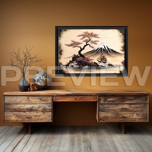 May include: A framed print of a Japanese mountain scene with a cherry blossom tree and a sailboat in the foreground. The print is hanging on a wall above a wooden desk with drawers.