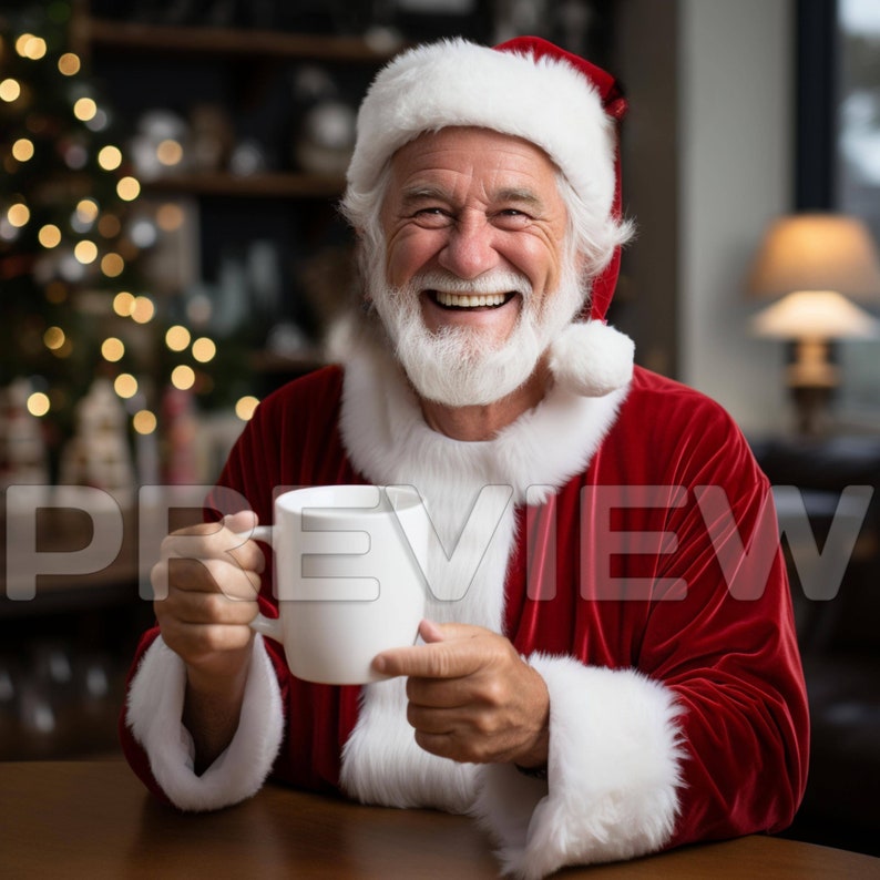 May include: A man dressed as Santa Claus smiles and holds a white mug. He is wearing a red velvet suit with white fur trim and a white Santa hat. A Christmas tree with lights is in the background.