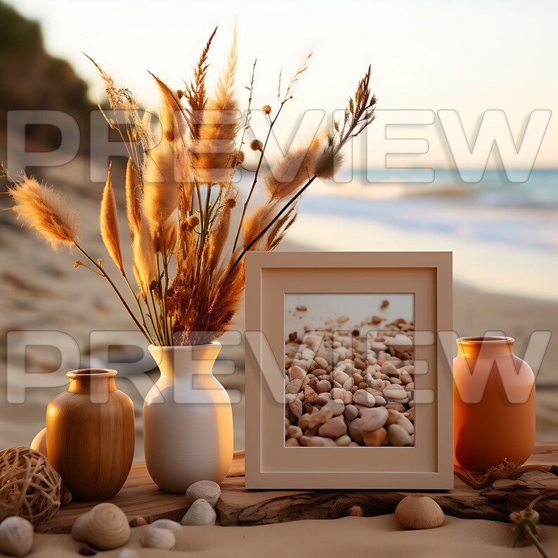 May include: A framed photograph of a beach with smooth, light brown stones, a white vase with dried pampas grass, a wooden vase, and a terracotta vase on a wooden surface.