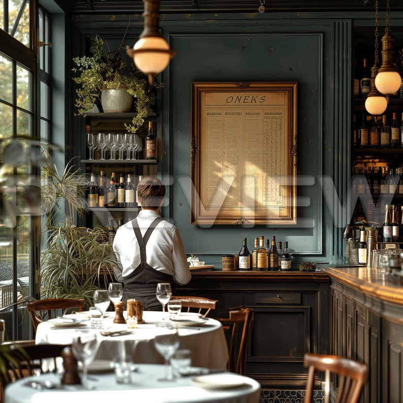 May include: A person wearing a white shirt and black apron stands behind a bar counter in a restaurant. The bar is made of dark wood and has a green tiled backsplash. There is a framed sign above the bar that says "Oneks" and a menu with a list of drinks. The restaurant has a vintage aesthetic with dark wood furniture and exposed brick walls.