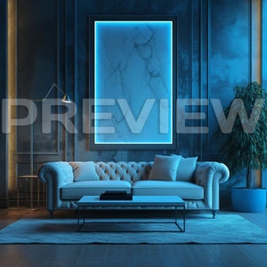 10 Luxury Blue Neon Living Room Frame Mock Ups / Modern Style Gamer Mock Up / Frame Mock up Bundle / Stock / Template Frame Art / PSD image 5