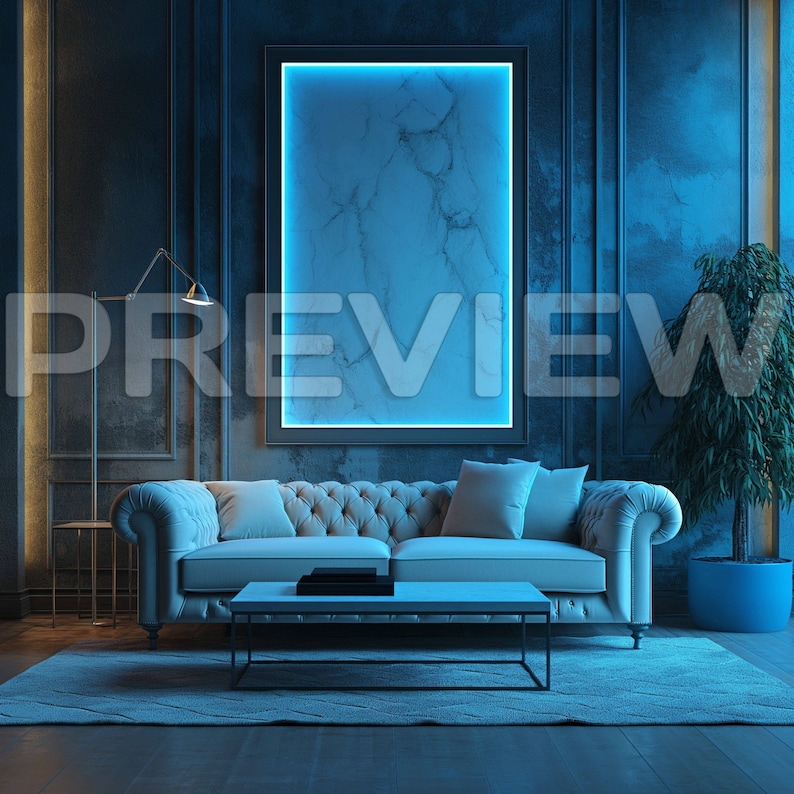 10 Luxury Blue Neon Living Room Frame Mock Ups / Modern Style Gamer Mock Up / Frame Mock up Bundle / Stock / Template Frame Art / PSD image 5