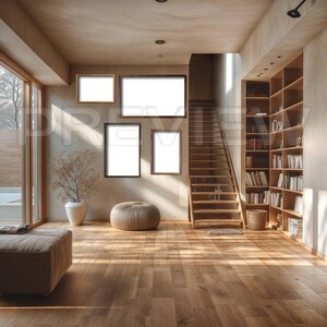 May include: A modern living room with a wooden staircase, a bookshelf filled with books, and a large window with a view of trees. There are four empty picture frames on the wall, a brown pouf, and a wooden floor.