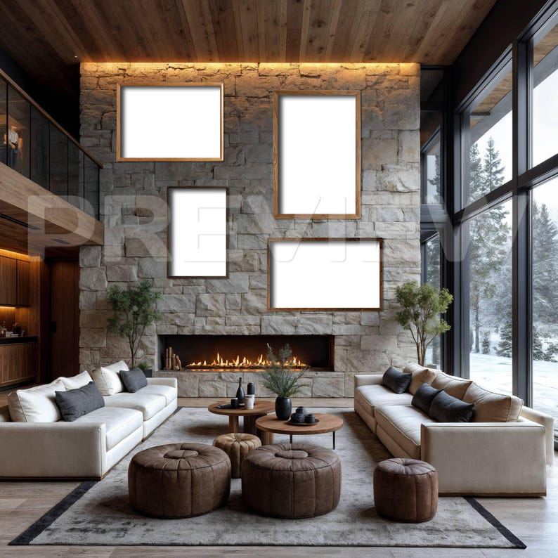 May include: A modern living room with a stone fireplace, four framed blank canvases, and two white sofas. The room features brown leather ottomans, round coffee tables, and large windows overlooking a snowy landscape. The decor is minimalist and luxurious.
