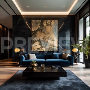 Pode incluir: Uma sala de estar moderna com um sof&aacute; de veludo azul escuro, uma mesa de centro de m&aacute;rmore preto e uma grande pintura abstrata na parede. A sala tem um ambiente escuro e luxuoso.