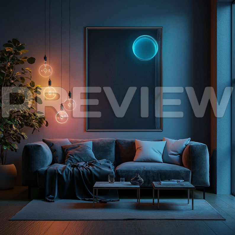 10 Luxury Blue Neon Living Room Frame Mock Ups / Modern Style Gamer Mock Up / Frame Mock up Bundle / Stock / Template Frame Art / PSD image 9