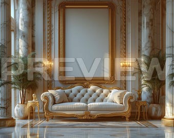 Könnte beinhalten: Ein weißes, gestepptes Sofa mit vergoldeten Beinen steht in einem prunkvollen Raum mit Marmorsäulen und einem großen, verzierten goldenen Rahmen. Der Raum ist mit goldenen Akzenten dekoriert und verfügt über zwei Topfpflanzen.