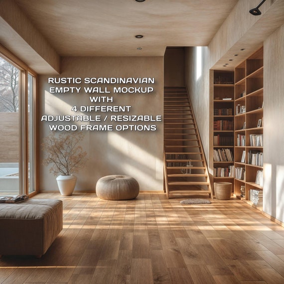 Rustic Scandinavian Style Empty Wall Mockup With 4 Different Wood Frame Options, Frames are Resizable, All of the frames with Smart Object