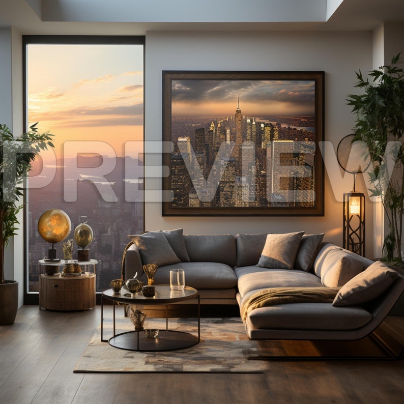 Puede incluir: Un sal&oacute;n moderno con un gran sof&aacute; seccional en tela gris, una mesa de caf&eacute; con tapa de vidrio y una imagen enmarcada de un horizonte de ciudad al atardecer. La habitaci&oacute;n tiene una gran ventana con vista a una ciudad.
