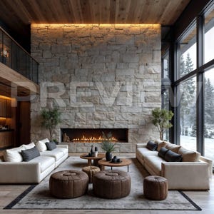 May include: A modern living room with a stone fireplace, two cream-colored sofas, and brown leather ottomans. The room features large windows with a view of a snowy landscape and wooden accents.
