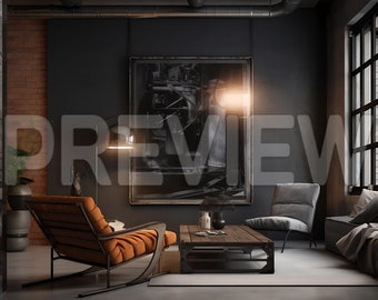May include: A living room with a dark gray wall, a large black and white framed photo, a brown wooden coffee table, an orange chair, a gray chair, and a gray couch with a throw blanket.