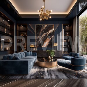 Pode incluir: Uma sala de estar moderna com um sof&aacute; azul escuro, duas poltronas, uma mesa de centro e uma grande pintura abstrata na parede. A sala &eacute; decorada com detalhes dourados e um lustre.