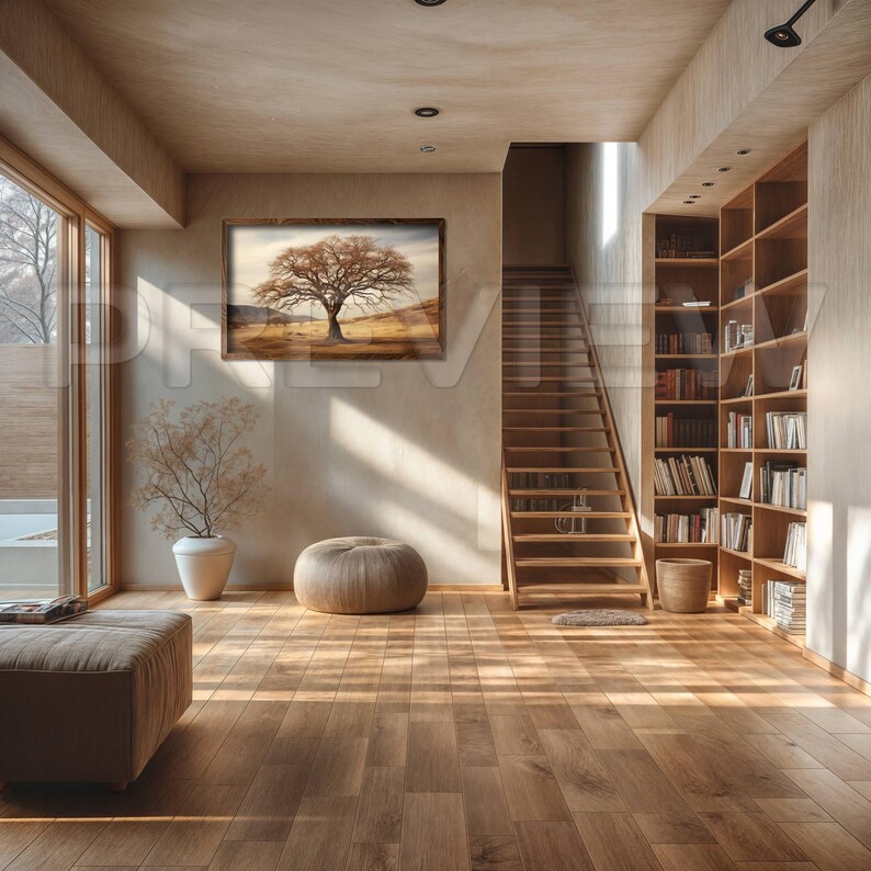 May include: A light wood floor with a large window, a wooden staircase, a bookshelf, a brown ottoman, and a framed print of a tree on a wall.