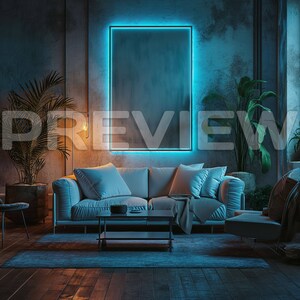 10 Luxury Blue Neon Living Room Frame Mock Ups / Modern Style Gamer Mock Up / Frame Mock up Bundle / Stock / Template Frame Art / PSD image 3