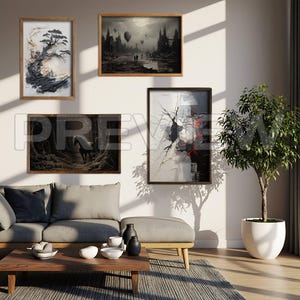May include: A living room scene featuring framed art prints. The artwork includes a landscape with hot air balloons, a tree, and an abstract piece with red accents. A sofa, coffee table, and potted plant complete the decor.