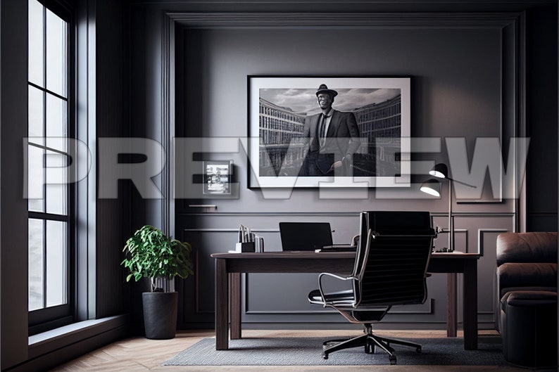 May include: A dark gray home office with a large window, a desk with a laptop, a black leather office chair, a black and white framed photo of a man in a suit and hat, a potted plant, and a desk lamp.