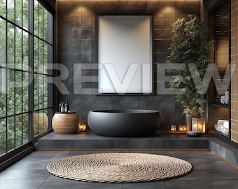 May include: A black freestanding bathtub in a modern bathroom with a large framed picture above it. The bathroom has a dark grey tiled floor and walls, and a large window with a view of trees. There is a small wooden table with candles and bottles on it.