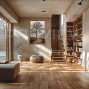 May include: A wooden staircase with a light wood finish leads up to a loft space. A framed print of a tree in a foggy landscape hangs on the wall. The room has a light wood floor and a large window with a view of trees.