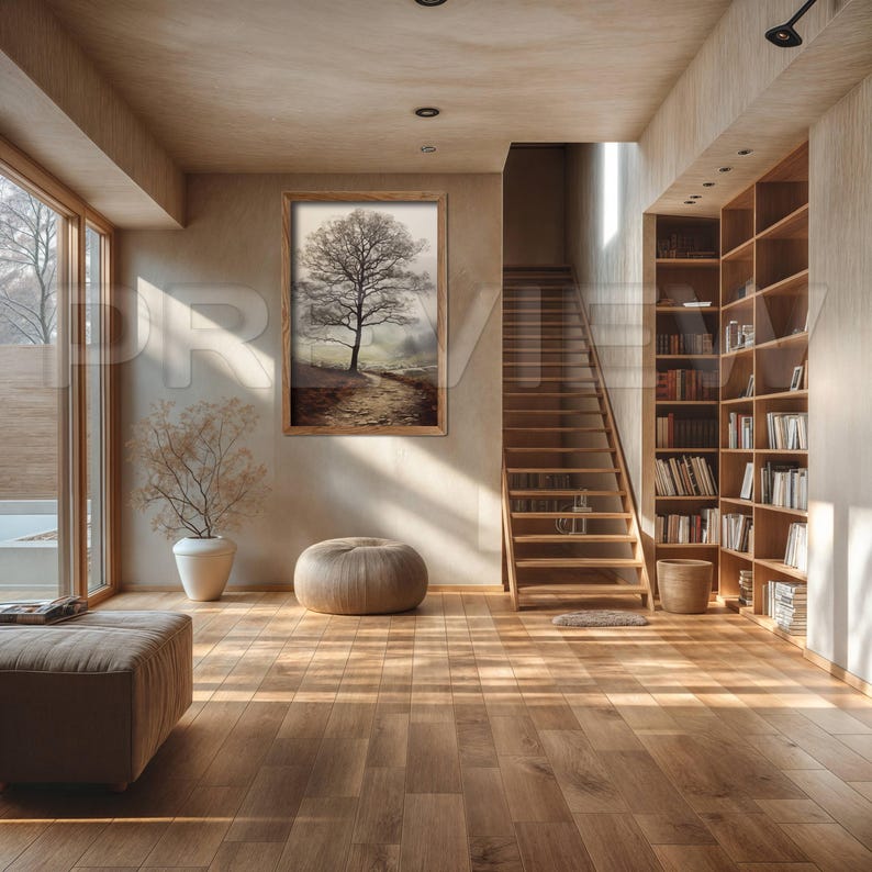 May include: A wooden staircase with a light wood finish leads up to a loft space. A framed print of a tree in a foggy landscape hangs on the wall. The room has a light wood floor and a large window with a view of trees.