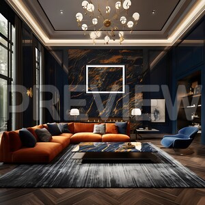 Pode incluir: Uma sala de estar moderna com um grande sof&aacute; seccional em laranja e azul escuro, uma mesa de centro com tampo de m&aacute;rmore e uma poltrona azul. A sala tem paredes azul escuro e uma grande parede de m&aacute;rmore com uma imagem emoldurada.