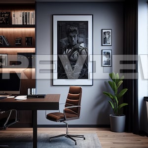 May include: A modern home office with a large desk, a brown leather office chair, a bookshelf with books and framed photos, a black and white framed print of a man, a potted plant, and a window with blinds.