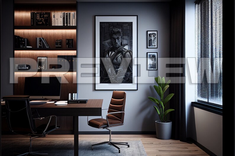 May include: A modern home office with a large desk, a brown leather office chair, a bookshelf with books and framed photos, a black and white framed print of a man, a potted plant, and a window with blinds.