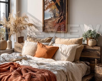 Farmhouse Bedroom interior Frame Mockup, Minimalist mockup, Neutral Colors, PSD