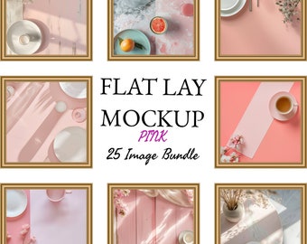 25 x Pink Table Flat Lay Mockup Bundle Add Your Products | Digital Background Mock up | Styled Stock Photography Scene Creator Mockups