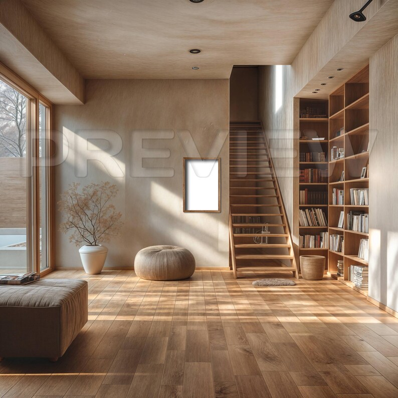 May include: A light wood framed picture hangs on a beige wall in a modern living room with a wooden staircase, a large window, and a bookshelf filled with books.