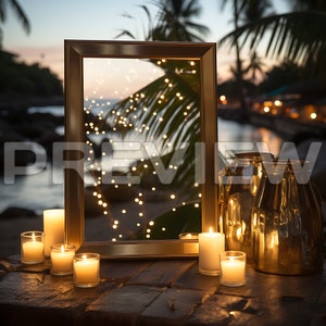 May include: A gold-framed mirror reflects a string of lights hanging from a palm tree.  The mirror is surrounded by candles on a wooden surface.