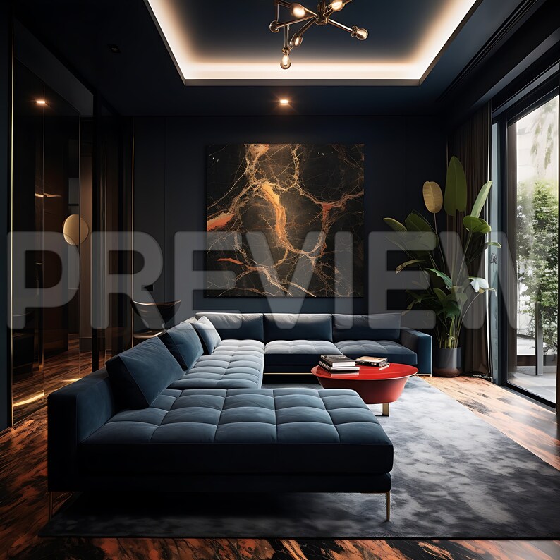 Pode incluir: Um sof&aacute; seccional azul escuro com uma mesa de centro vermelha e preta em uma sala de estar moderna com uma grande pintura abstrata na parede.