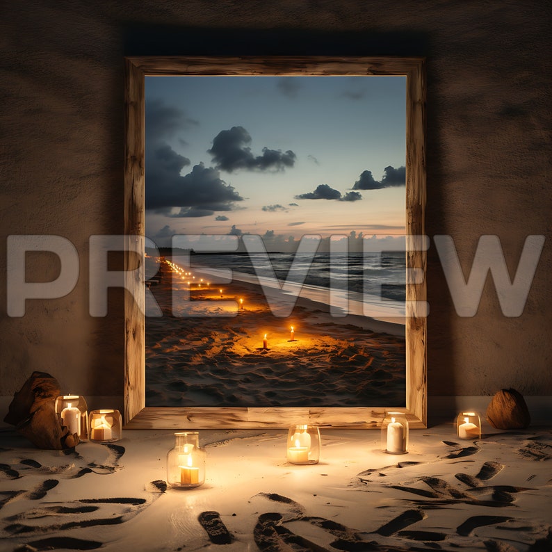May include: A framed photograph of a beach at sunset with a line of lit candles leading to the water.  The photograph is on a table with several lit candles in front of it.
