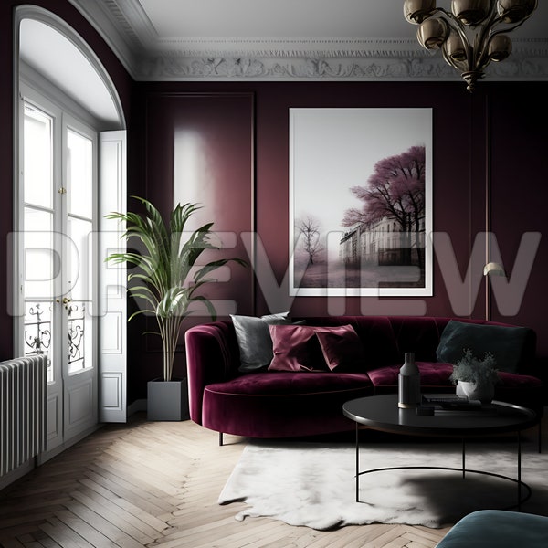 10 French Style Burgundy Interior Design Frame Mockups / Parisian Style Mock Ups / Wall Art Frame Mockup /Design Frame Mockup / Luxury / PSD