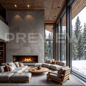 May include: A modern living room with a large fireplace and a view of a snowy forest. The room features a gray sectional sofa, a wooden coffee table, and a wooden accent chair. The ceiling is made of wood, and the large windows offer a view of the winter landscape.