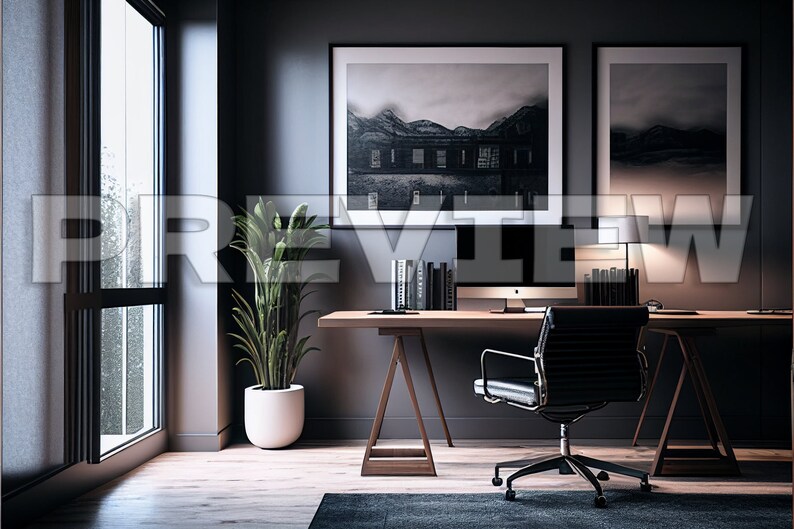 May include: A modern home office with a wooden desk, a black leather office chair, a potted plant, and two black framed photographs on the wall. The desk has a computer monitor, a lamp, and books on it.