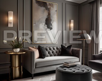 Könnte beinhalten: Ein graues, geknöpftes Sofa mit schwarzen und rosafarbenen Kissen steht in einem Wohnzimmer mit einem grauen Teppich, einem schwarzen, geknöpften Ottomanen und einem goldenen Beistelltisch mit einer Blumenvase. Ein großes abstraktes Gemälde hängt an der Wand hinter dem Sofa.