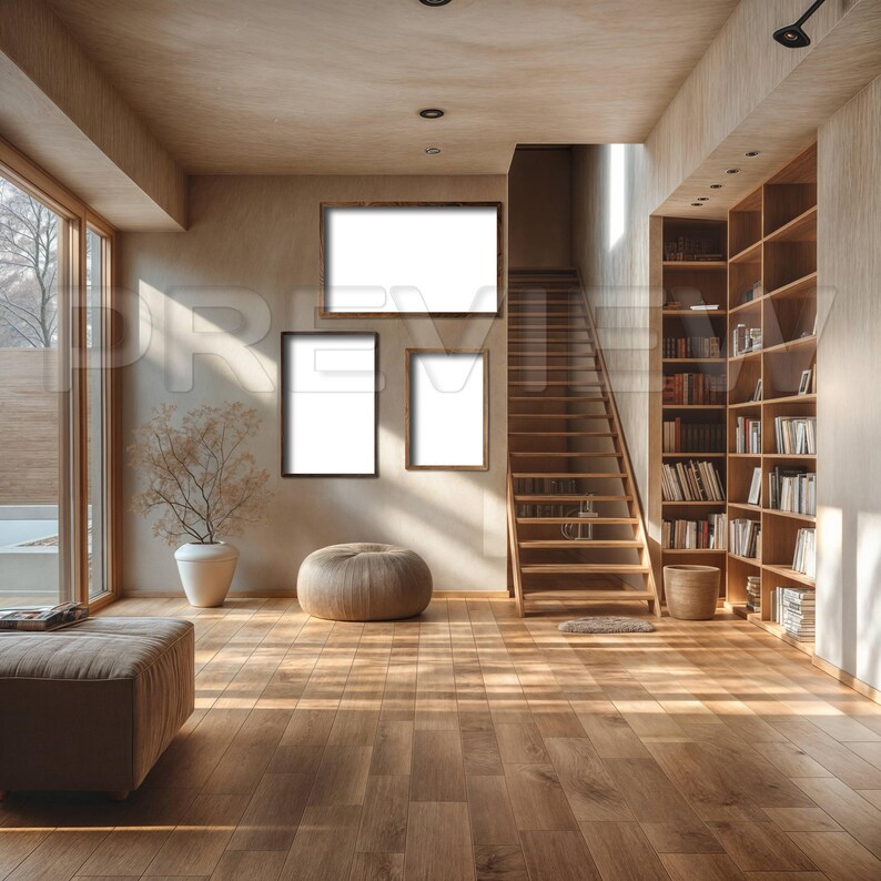 May include: A modern living room with a wooden staircase, a bookshelf filled with books, and three empty picture frames on the wall. The room has a light brown wooden floor and a large window with a view of trees.