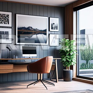May include: A home office with a wooden desk, a brown leather office chair, a computer monitor, a potted plant, and framed artwork on the wall. The office has a large window with a view of a green lawn.