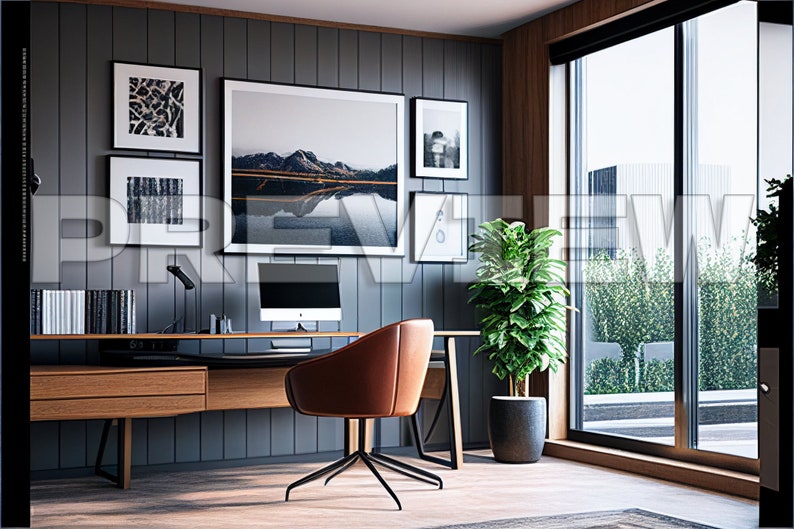 May include: A home office with a wooden desk, a brown leather office chair, a computer monitor, a potted plant, and framed artwork on the wall. The office has a large window with a view of a green lawn.
