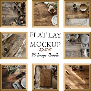 May include: A collection of rustic flat lay mockups featuring various props, including wooden boards, plates, cups, and greenery. The mockups are set on a wooden background and are perfect for showcasing products or branding.