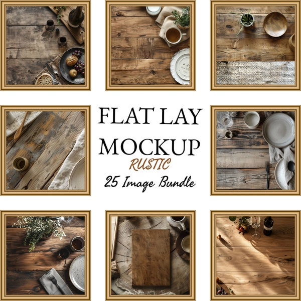 25 x Rustic Table Flat Lay Mockup Bundle Add Your Products | Digital Background Mock up | Styled Stock Photography Scene Creator Mockups