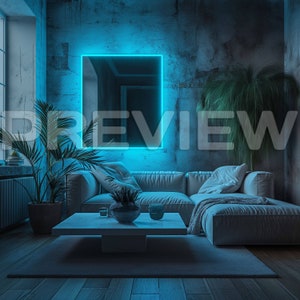 10 Luxury Blue Neon Living Room Frame Mock Ups / Modern Style Gamer Mock Up / Frame Mock up Bundle / Stock / Template Frame Art / PSD image 7