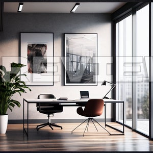 May include: A modern home office with a desk, two chairs, a potted plant, and two framed black and white prints on the wall. The desk has a laptop computer, a lamp, and a few books on it. The office has large windows with a view of a city skyline.