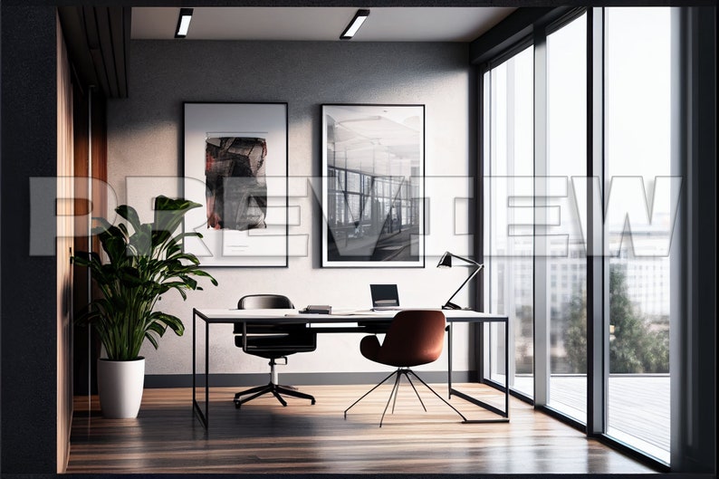 May include: A modern home office with a desk, two chairs, a potted plant, and two framed black and white prints on the wall. The desk has a laptop computer, a lamp, and a few books on it. The office has large windows with a view of a city skyline.