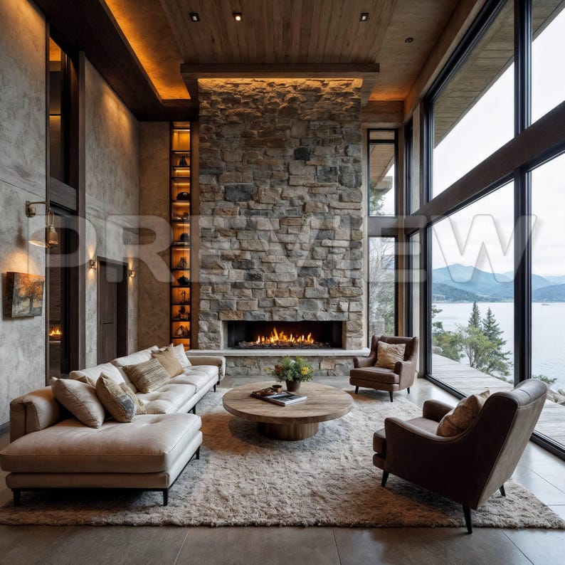 May include: A luxurious living room with a stone fireplace, a large window overlooking a lake, and a cozy seating area. The room features a beige sofa, two brown armchairs, and a round wooden coffee table. A fluffy rug covers the floor.