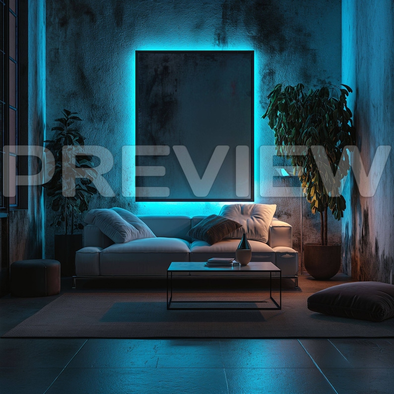 10 Luxury Blue Neon Living Room Frame Mock Ups / Modern Style Gamer Mock Up / Frame Mock up Bundle / Stock / Template Frame Art / PSD image 10