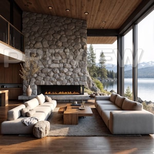 May include: A modern living room with a stone fireplace, two beige sofas, and a wooden coffee table. Large windows offer a scenic view of a lake and mountains. The room features hardwood floors and a neutral color palette.