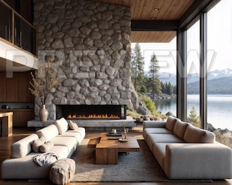 May include: A modern living room with a stone fireplace, two beige sofas, and a wooden coffee table. Large windows offer a scenic view of a lake and mountains. The room features hardwood floors and a neutral color palette.