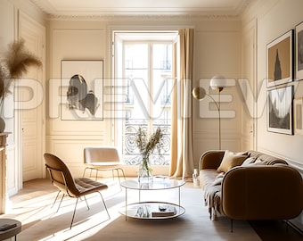 May include: A living room with a large window, a brown leather sofa, two chairs, a glass coffee table, and a floor lamp. The room is decorated in a minimalist style with white walls and a beige rug.