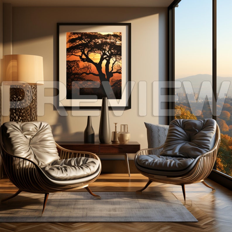 Puede incluir: Dos sillones modernos de cuero negro con marcos de metal dorado, uno frente al otro en una sala de estar con una gran ventana con vistas a la ciudad. Un grabado enmarcado de una silueta de un &aacute;rbol contra un atardecer cuelga de la pared.